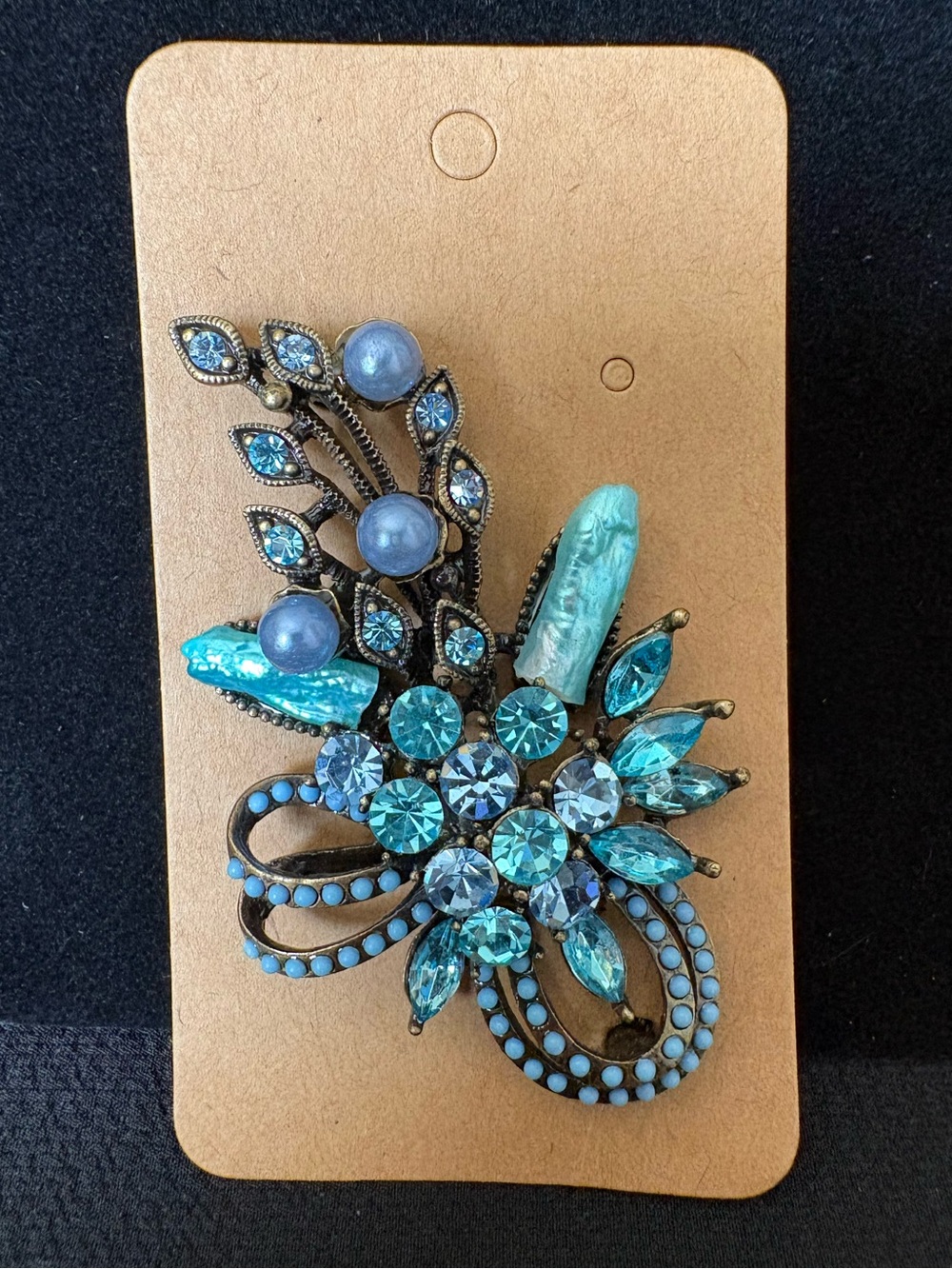Vintage 1980s Aqua Rhinestone Floral Statement Brooch Gold Tone